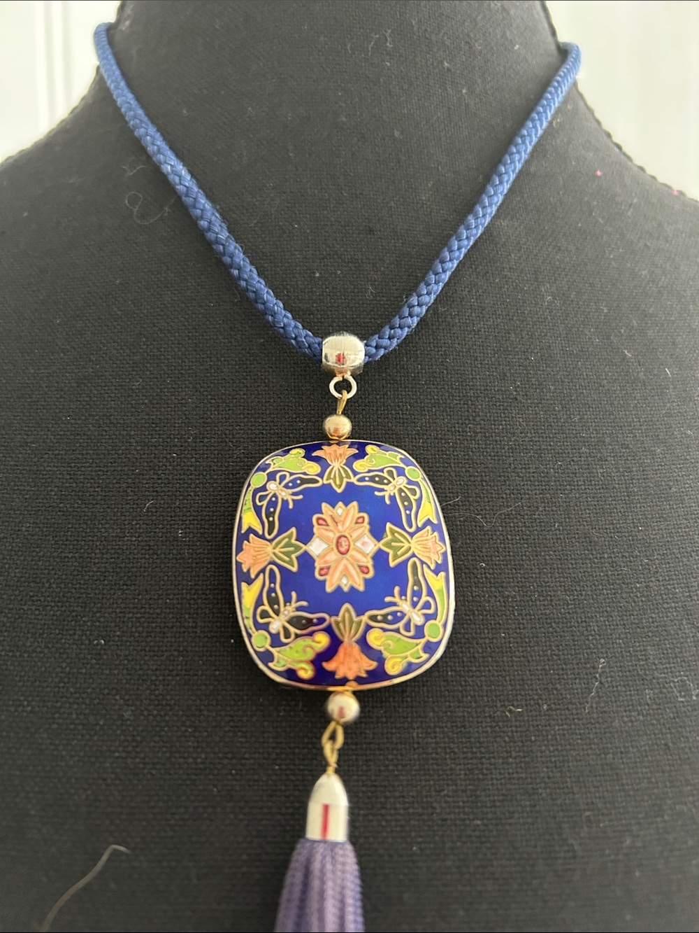 Vintage Blue and Purple Cloisonné ButterflyMedallion Tassel Necklace - Picture 2 of 4